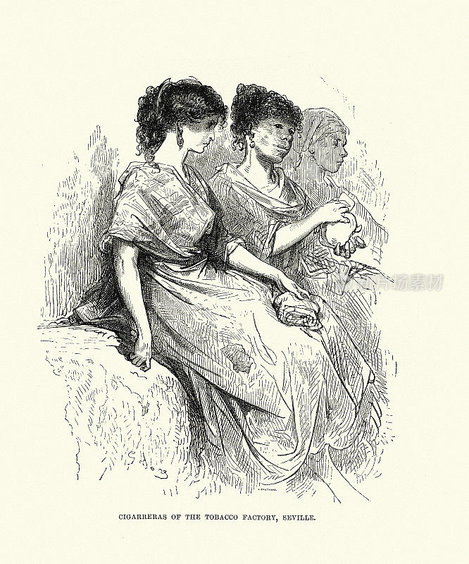 Cigarreras, female workers of Fábrica de Tabacos de Sevilla, Royal Tobacco Factory, Seville, Spain, 19th Century, Spanish history